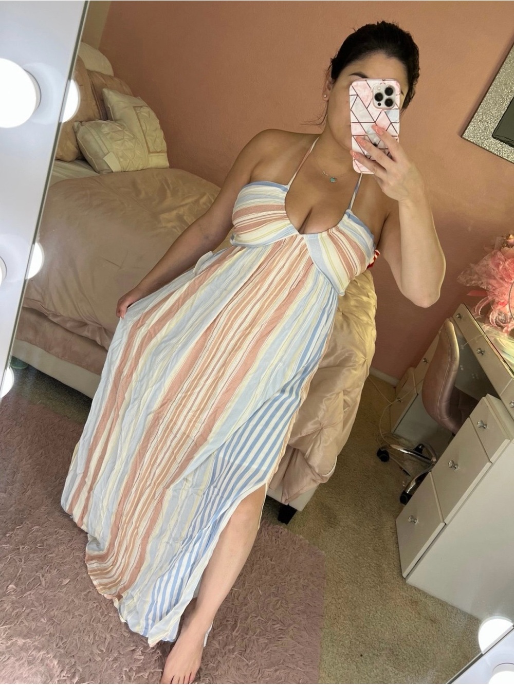 Striped Pastel Halter Maxi Dress - Blue, Peach, Cream